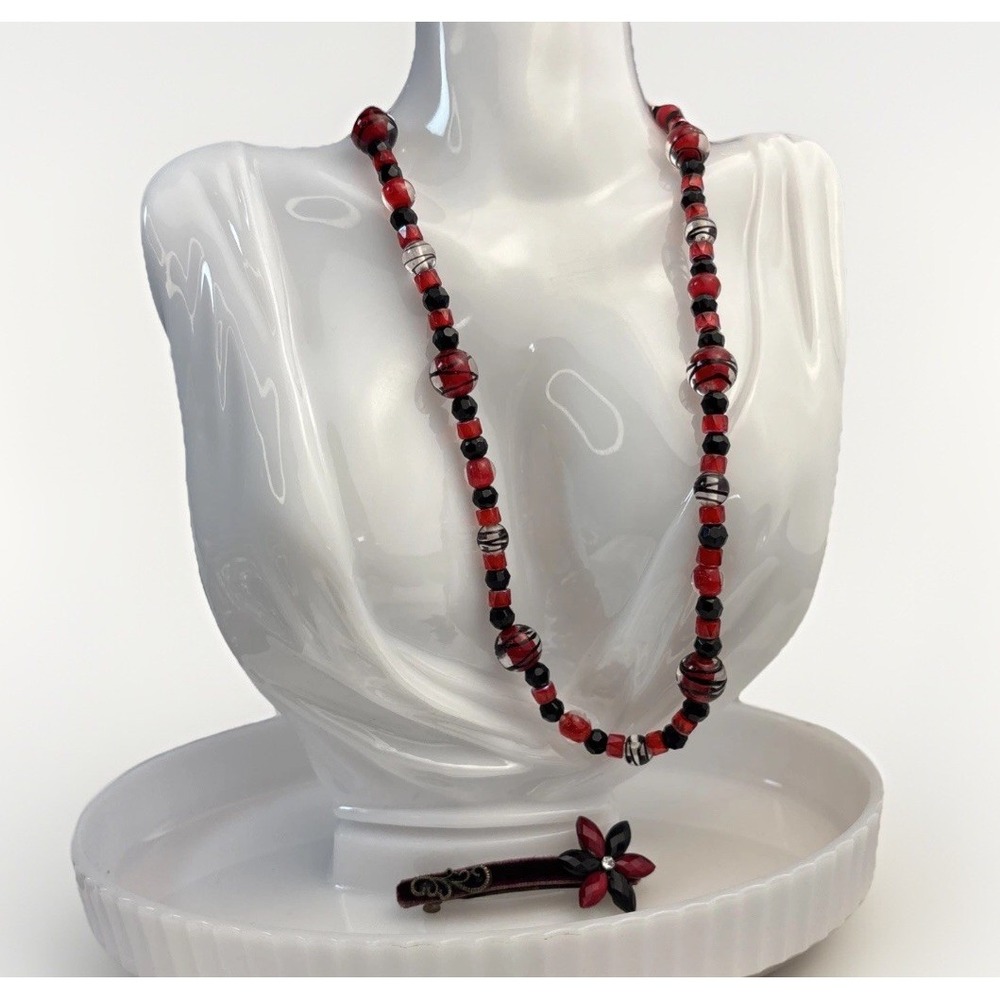 Vintage Art Glass Necklace Red‎ Black 20" Hair Clip Beaded Statement